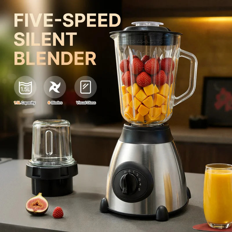 5-Speed Silent Blender 1.5L Glass Jar Multifunctional 2-in-1 Juicer Grinder Household Smoothie Milkshake Food Mixer Kitchen Blen