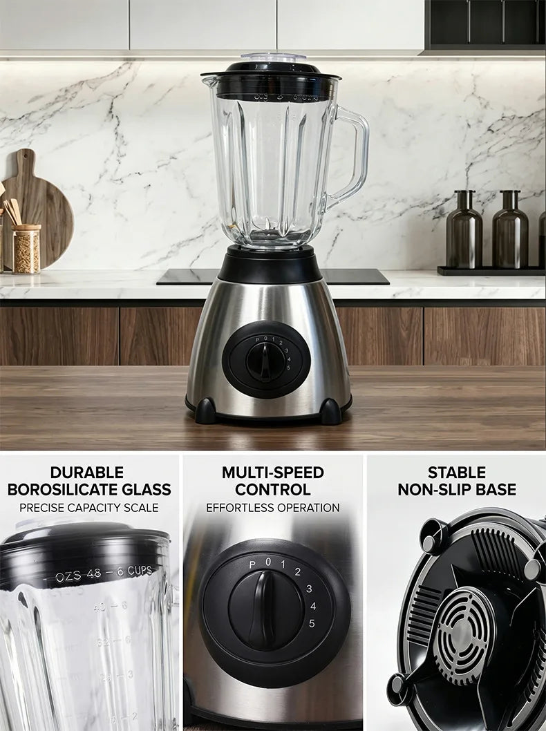5-Speed Silent Blender 1.5L Glass Jar Multifunctional 2-in-1 Juicer Grinder Household Smoothie Milkshake Food Mixer Kitchen Blen