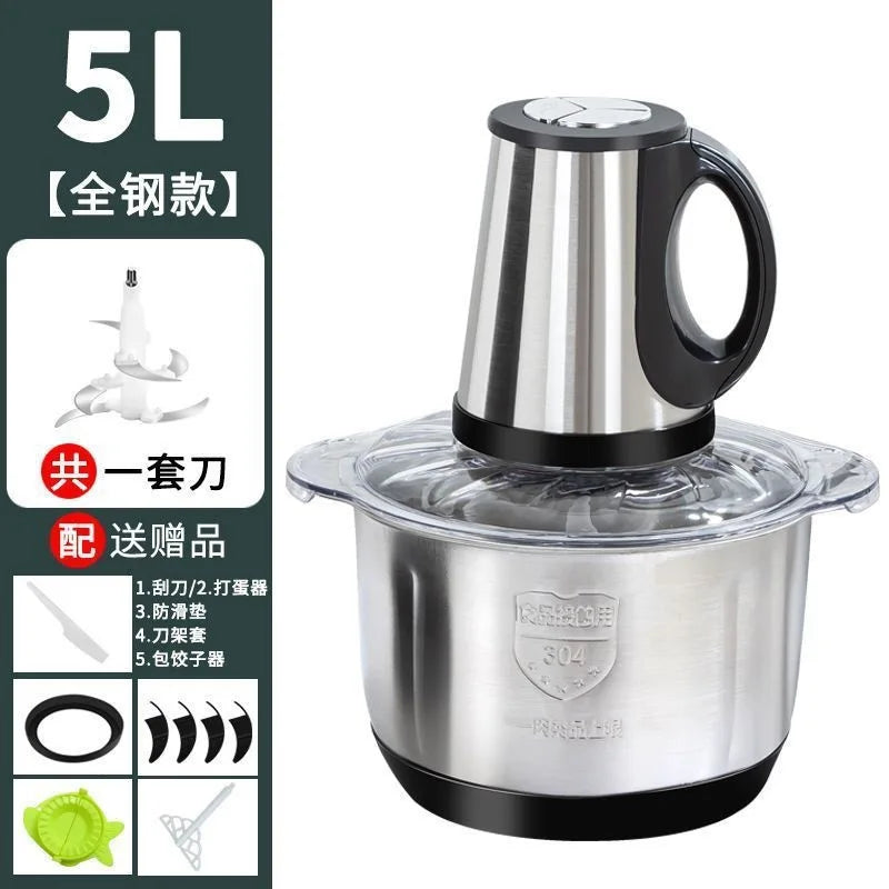 3-Speed Adjustable Food Processor, Large-Capacity Home Meat Grinder, Stainless Steel Blender, Cyclone 5-Blade Meat Mincer
