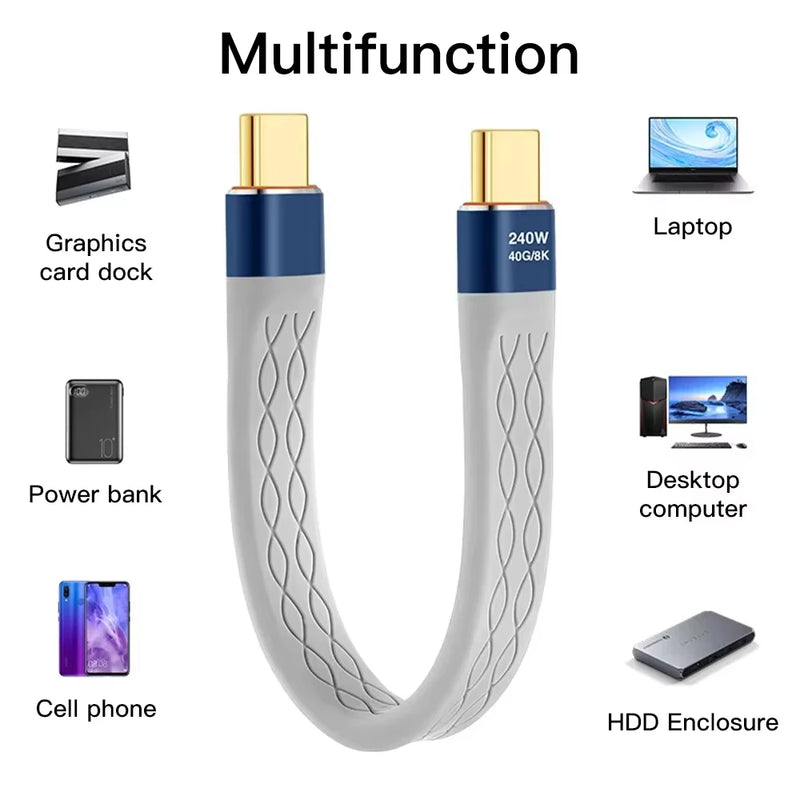 Type-C to Type-C 240W Short Cable Fast Charging USB-C Cord 40Gbps Data Transfer 8K Flat Slim FPC Data Charge Extension Cable ﻿