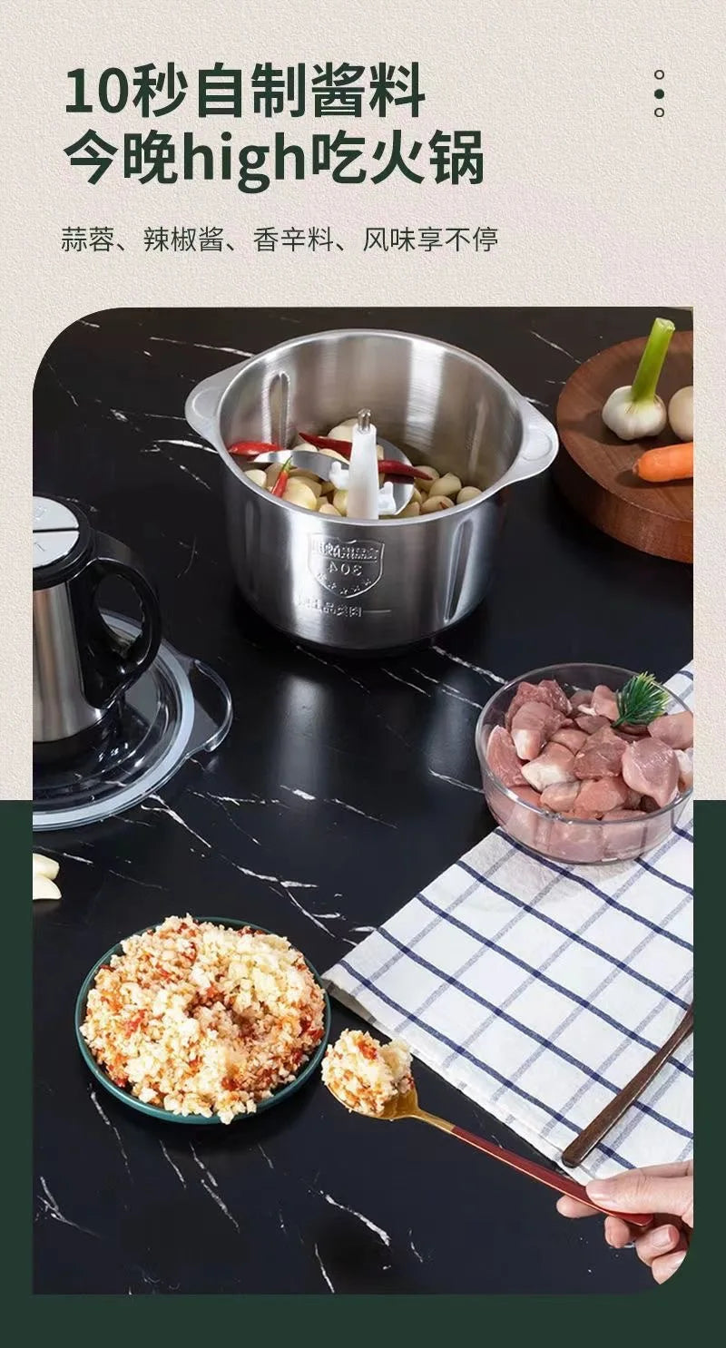 3-Speed Adjustable Food Processor, Large-Capacity Home Meat Grinder, Stainless Steel Blender, Cyclone 5-Blade Meat Mincer