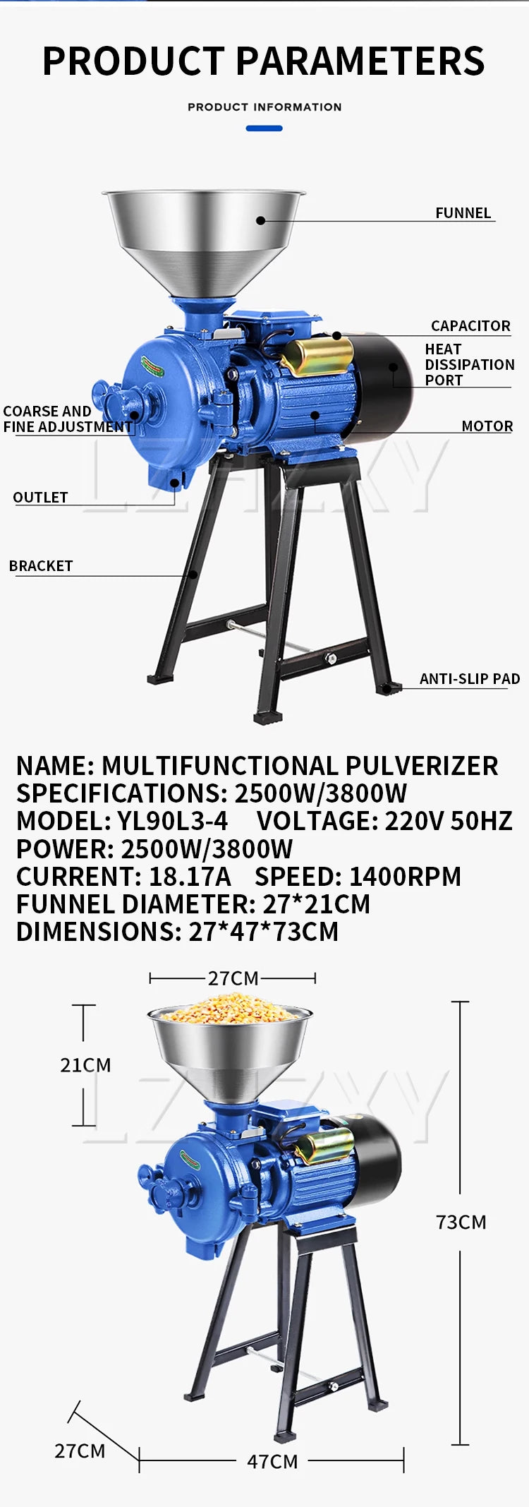 Corn grinder household 220V dry and wet dual-purpose small commercial grain superfine feed mill 3000W/4000W