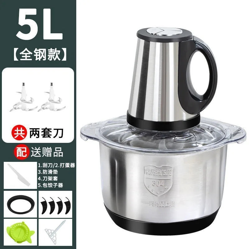 3-Speed Adjustable Food Processor, Large-Capacity Home Meat Grinder, Stainless Steel Blender, Cyclone 5-Blade Meat Mincer