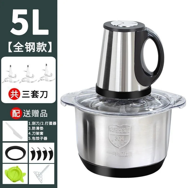 3-Speed Adjustable Food Processor, Large-Capacity Home Meat Grinder, Stainless Steel Blender, Cyclone 5-Blade Meat Mincer