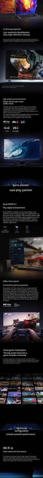 Smart 65 Inch 144Hz Wifi6 4K Smart Gaming Television  for Home Cinema Gaming Professional Pro