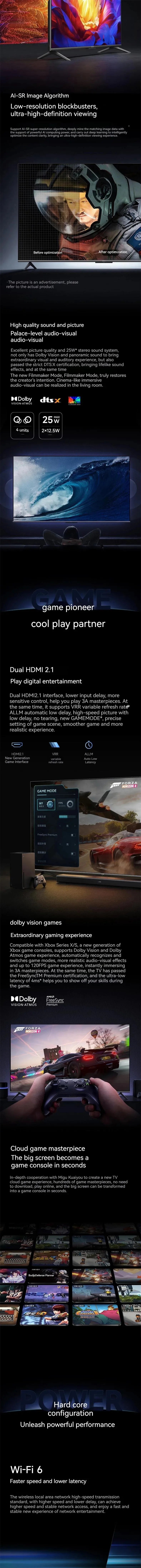 Smart 65 Inch 144Hz Wifi6 4K Smart Gaming Television  for Home Cinema Gaming Professional Pro