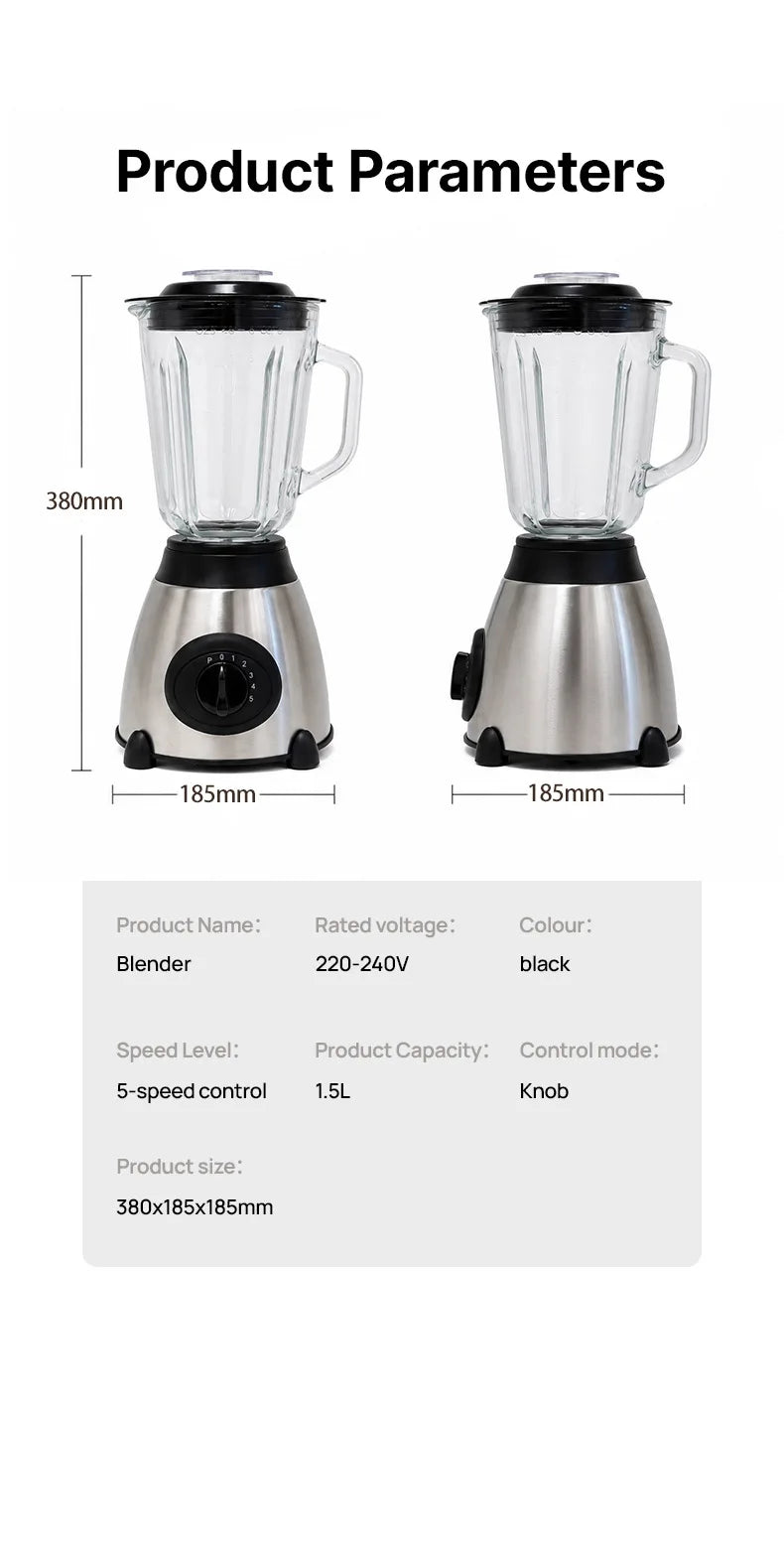 5-Speed Silent Blender 1.5L Glass Jar Multifunctional 2-in-1 Juicer Grinder Household Smoothie Milkshake Food Mixer Kitchen Blen