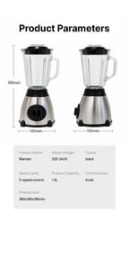 5-Speed Silent Blender 1.5L Glass Jar Multifunctional 2-in-1 Juicer Grinder Household Smoothie Milkshake Food Mixer Kitchen Blen